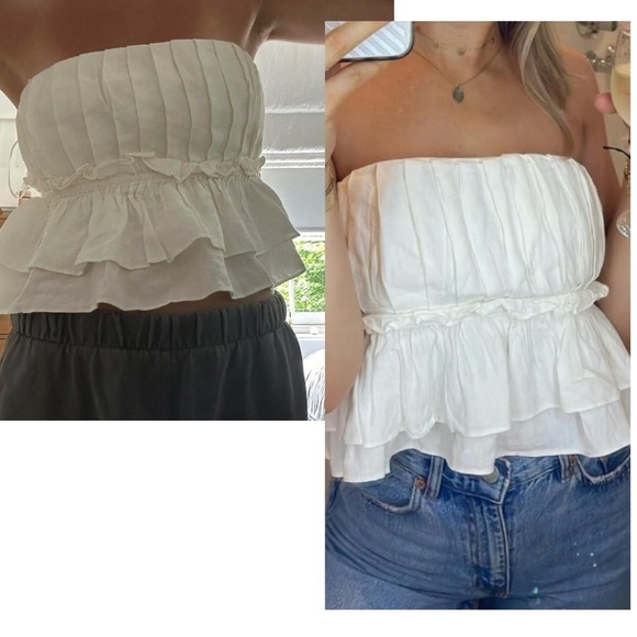 Zara Tops - Zara white pleated ruched layered ruffle frill strapless open back top blouse M